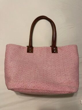 Pink Diamond-Pattern Canvas Tote with Brown Leather Handles